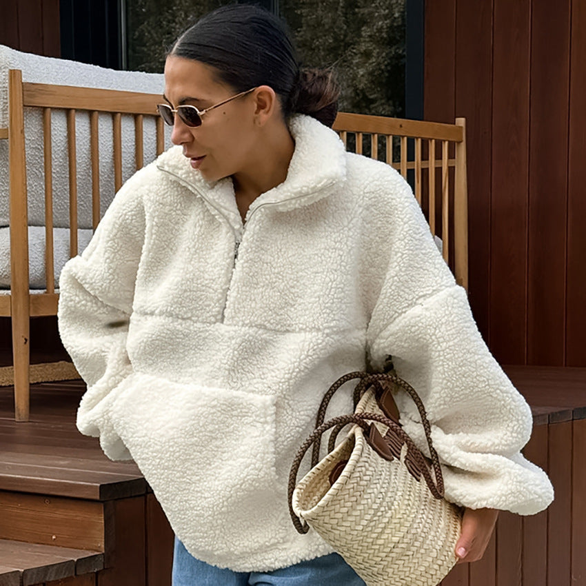 Stand Collar Beige Fleece Sweatshirt