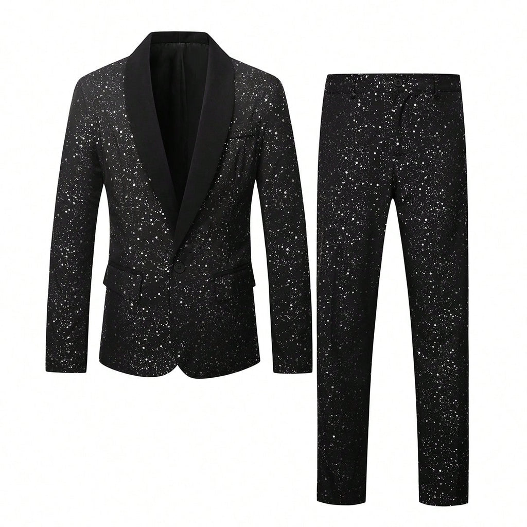 Men's Shimmering Black Suit Adorned With Glittering White Sequins