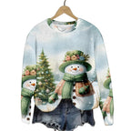 Christmas Cat Hat Snowflake Print Women's Round Neck Sweatshirt