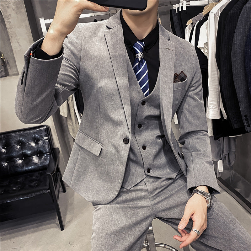Business Formal Wear Plus Size Swallowtail Three-piece Solid Color Korean Men's Suit