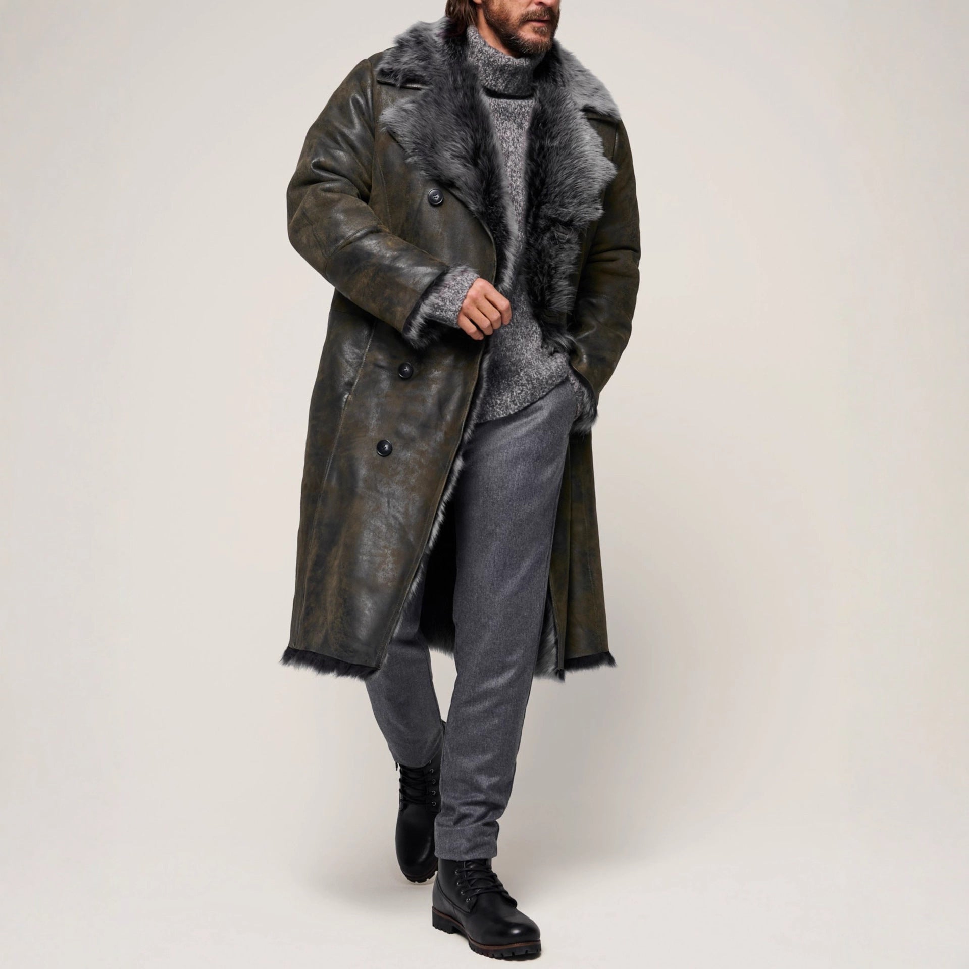 Double-breasted Wide Lapel Long-haired Men's Long Fur Coat