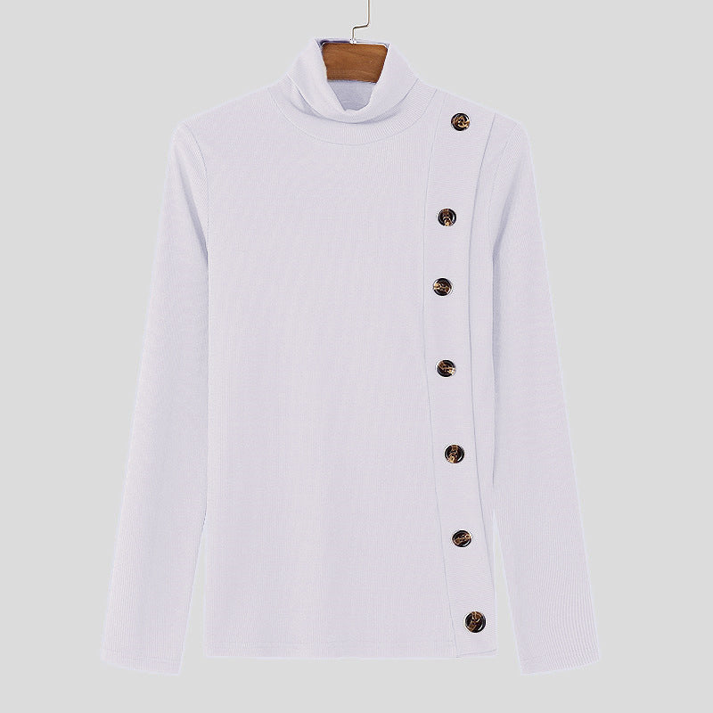 European And American Men Casual Sweater Turtleneck Buttons Solid Color Long Sleeve