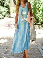 Large Design Cotton And Linen Retro Printed V-neck Dress