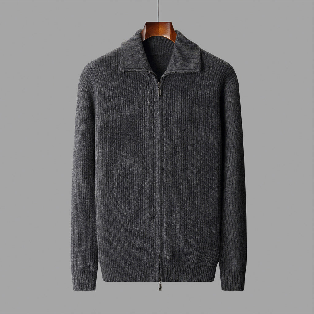 New Pure Wool Zipper Cardigan Fall Winter Men Lapel Shirt Coat