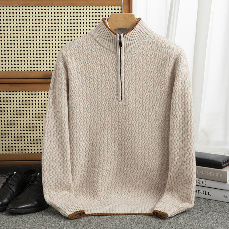 Men's Woolen Sweater Half-open Collar Long Sleeve Solid Color Stand Collar Sweater