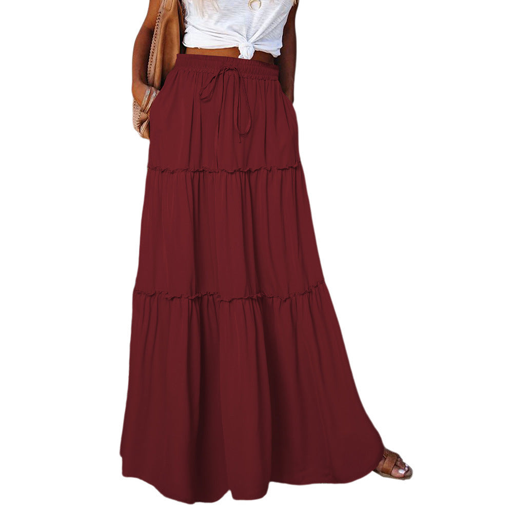 Women's Layered High Waist Elastic Lace-up Skirt With Wooden Ears