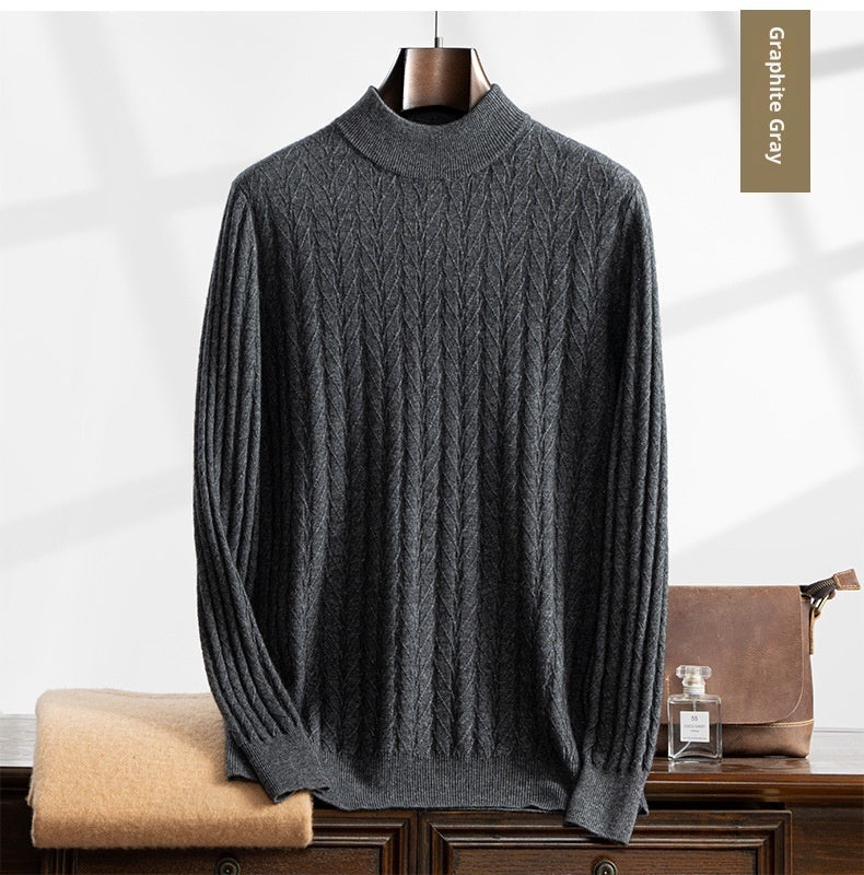 Thickened Wheat Jacquard Cashmere Sweater Men's Half-high Collar Solid Color Sweater
