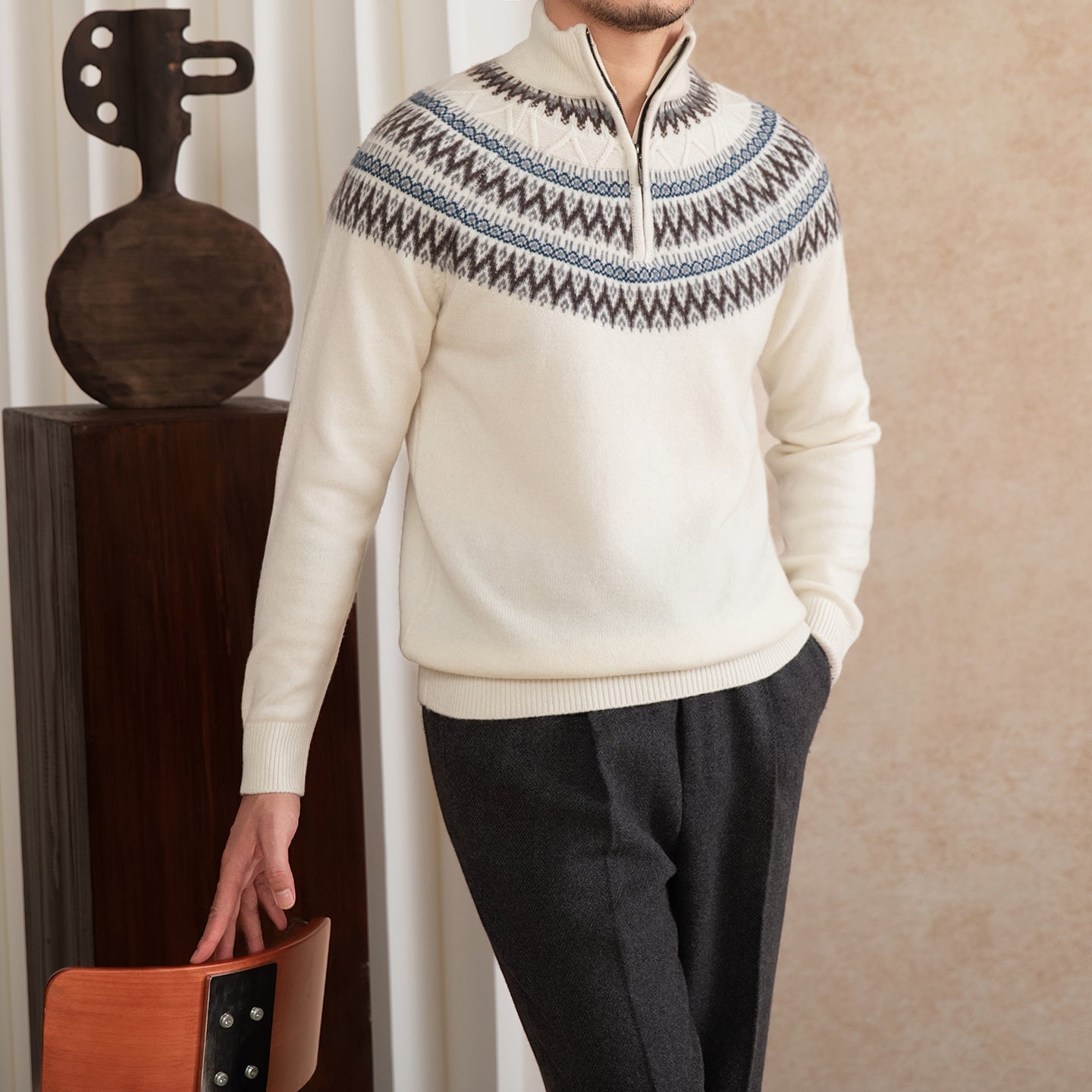 Wool Slim Fit Stand Collar Embroidery Warm Fashion Vintage Sweater