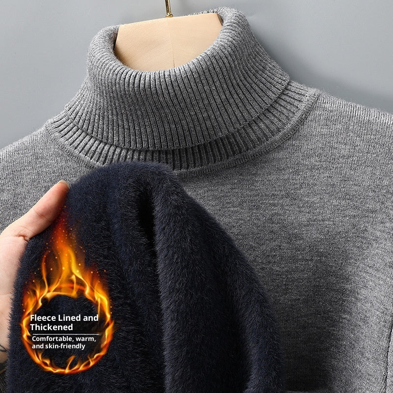 Men's Versatile Knitted Turtleneck Solid Color With Fur Sweater