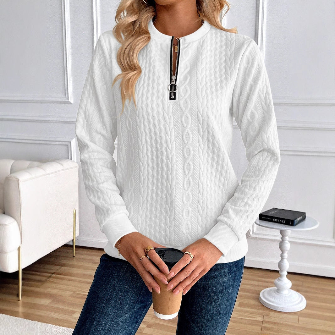 Women's Loose Casual Pullover Half Zipper Long Sleeve Solid Color Texture Round Neck Hoodie For Women