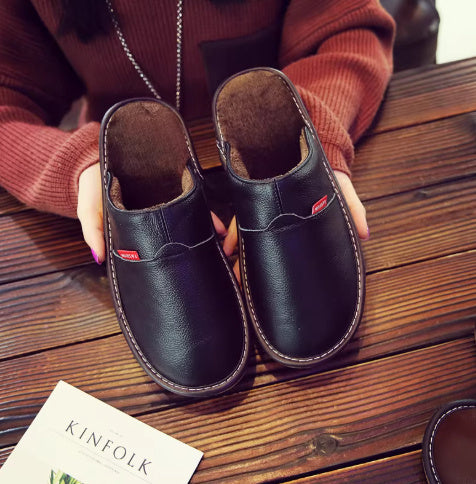 Pure Leather Thermal Cotton Slippers Couple Household Cowhide Waterproof