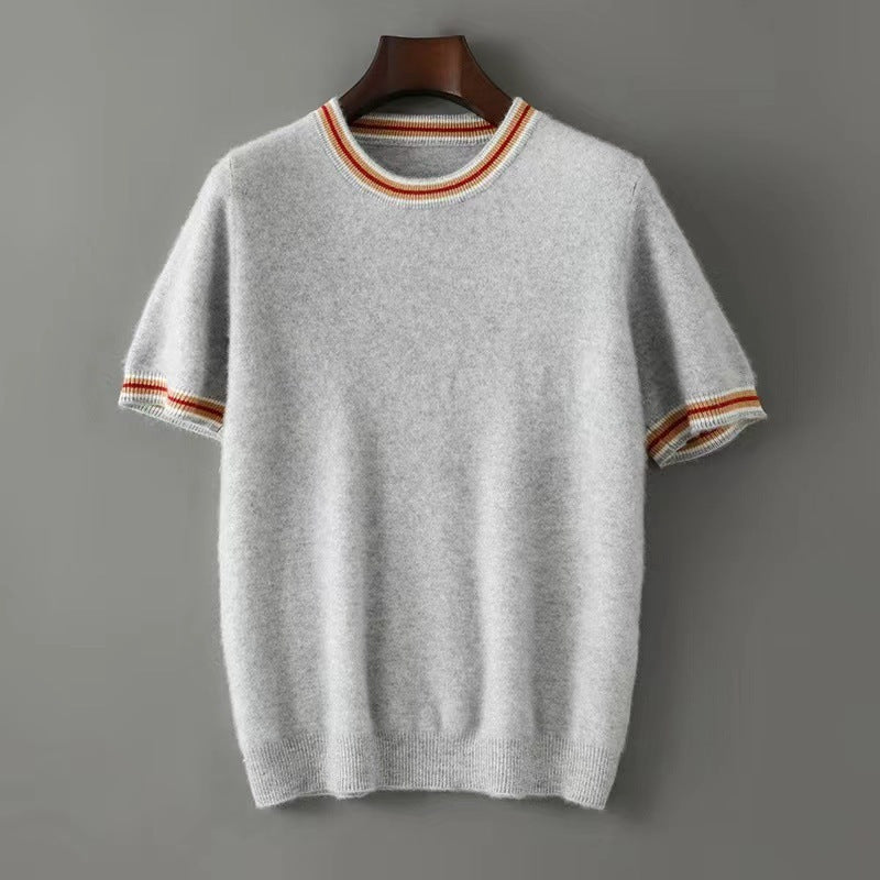 Round Neck Pure Wool Sweater Men's Short Sleeve Early