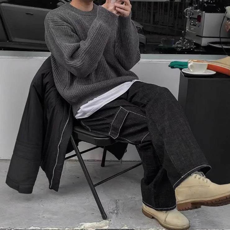 Men's Long Sleeve Casual British Round Neck Pullover Knitted Sweater