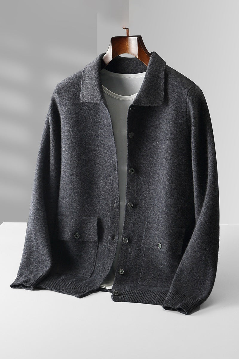 Polo Collar Solid Color Wool Cardigan Vintage Pocket Thick Men's Coat Cashmere Sweater