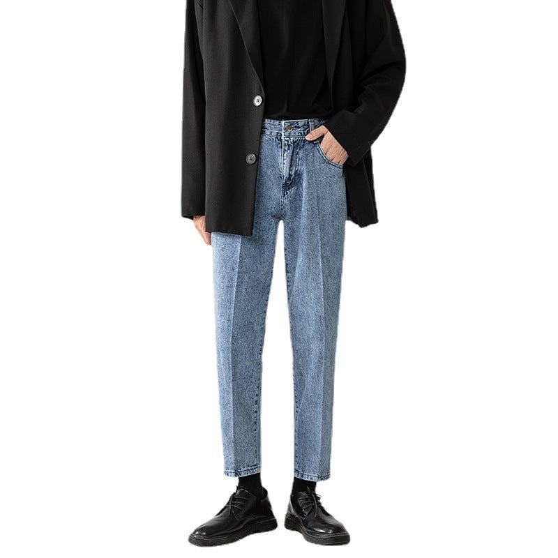 Men's Loose Straight Light Blue Cropped Pants