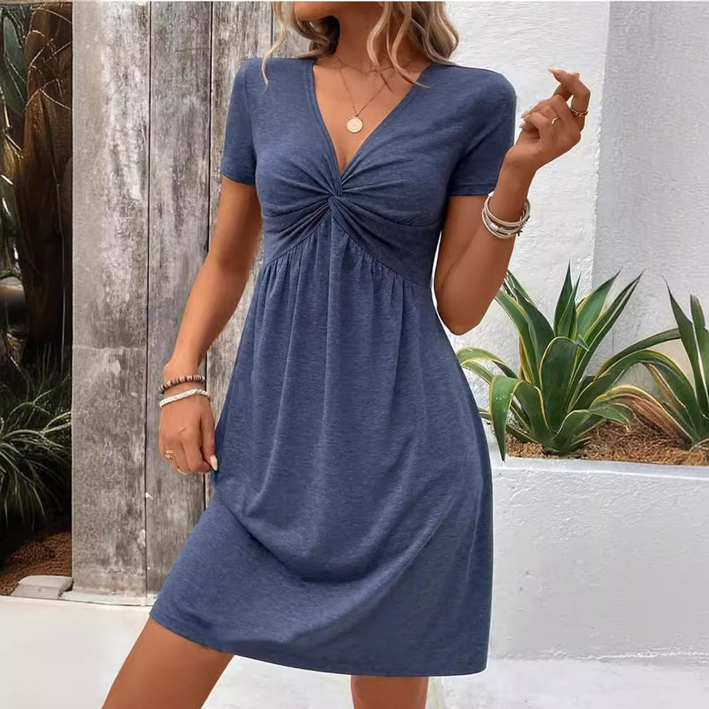 Color Cotton Short Sleeve V-neck Design Chest Twist Waist Dress