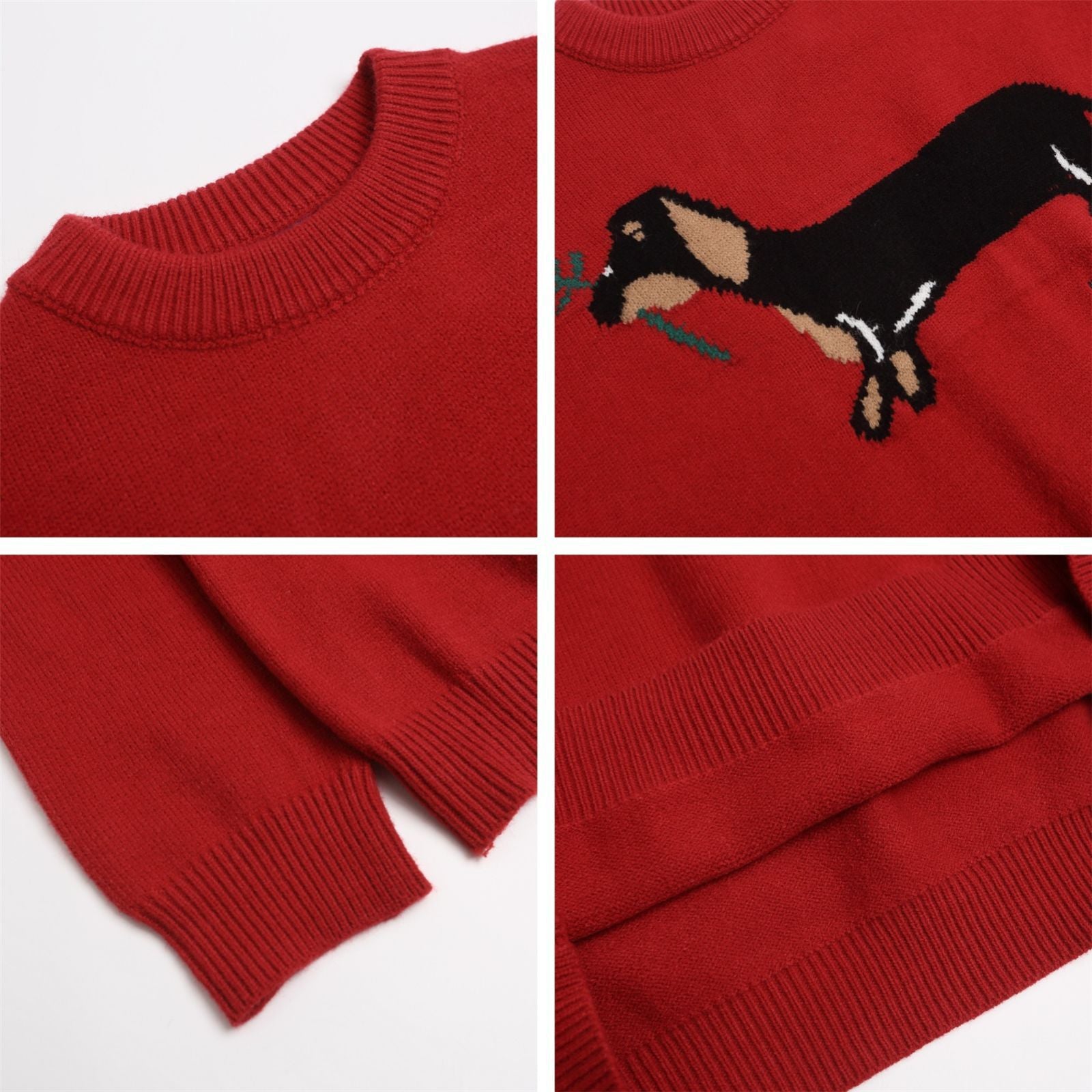 American Retro Sausage Puppy Jacquard Round Neck Sweater