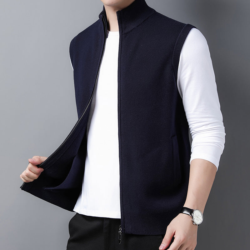 Pure Color Warm Keeping Zipper Knitted Men's Thickened Vest Coat