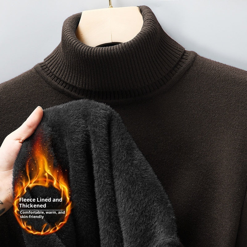 Men's Versatile Knitted Turtleneck Solid Color With Fur Sweater