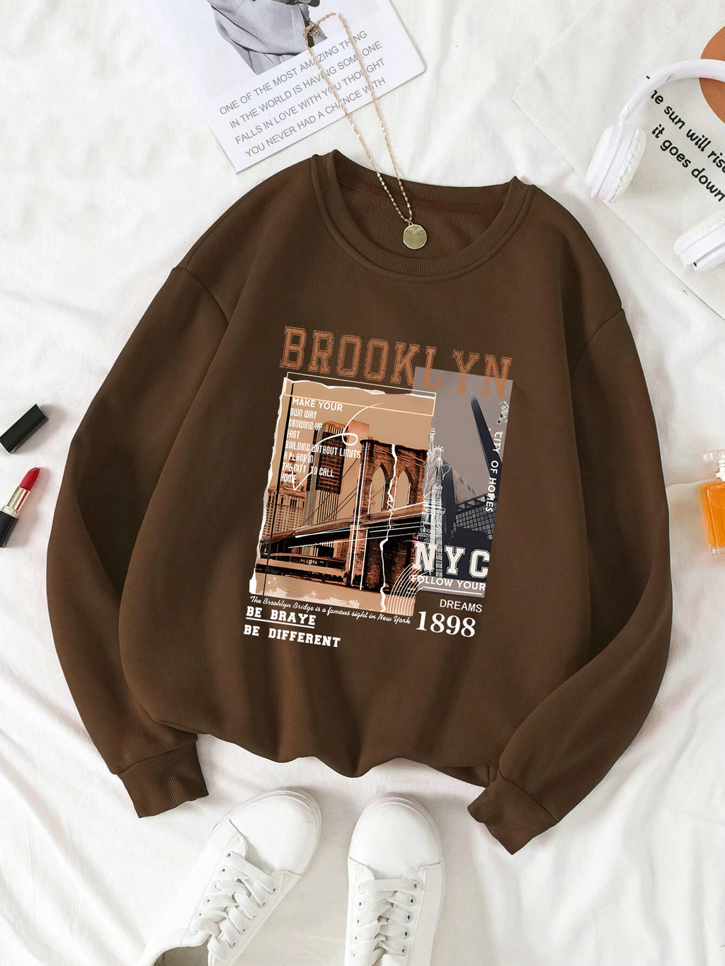 Women's Print Thermal Lined Crew Neck Loose Pullover Long Sl