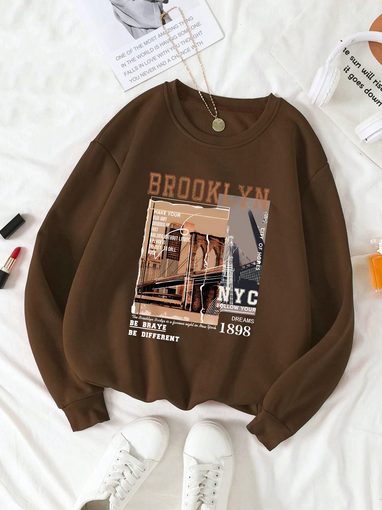 Women's Print Thermal Lined Crew Neck Loose Pullover Long Sl