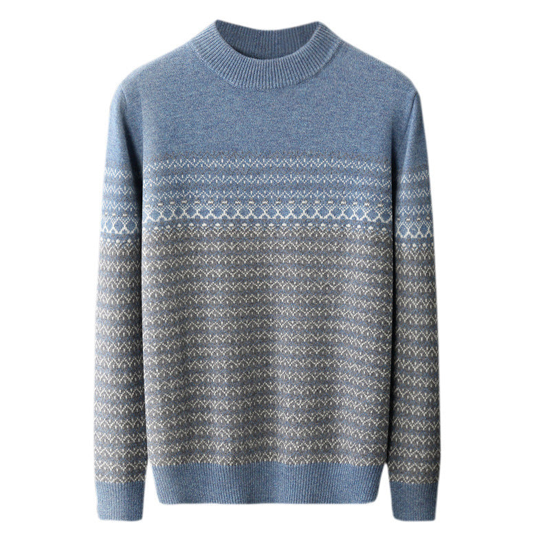 Men's Pure Wool Sweater Loose-fitting Casual Round-neck Color Matching