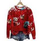 Christmas Cat Hat Snowflake Print Women's Round Neck Sweatshirt