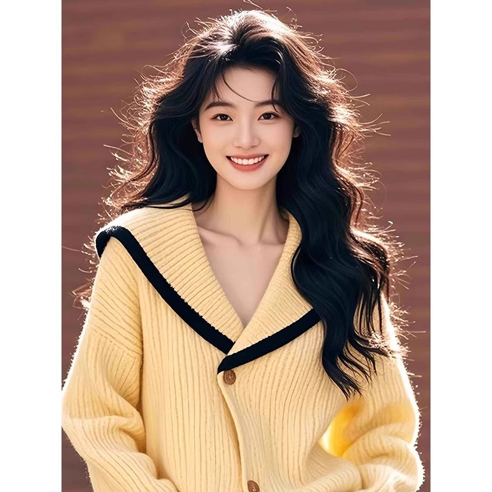 V-neck Loose Long Sleeve Knitted Outerwear Lazy Sweater