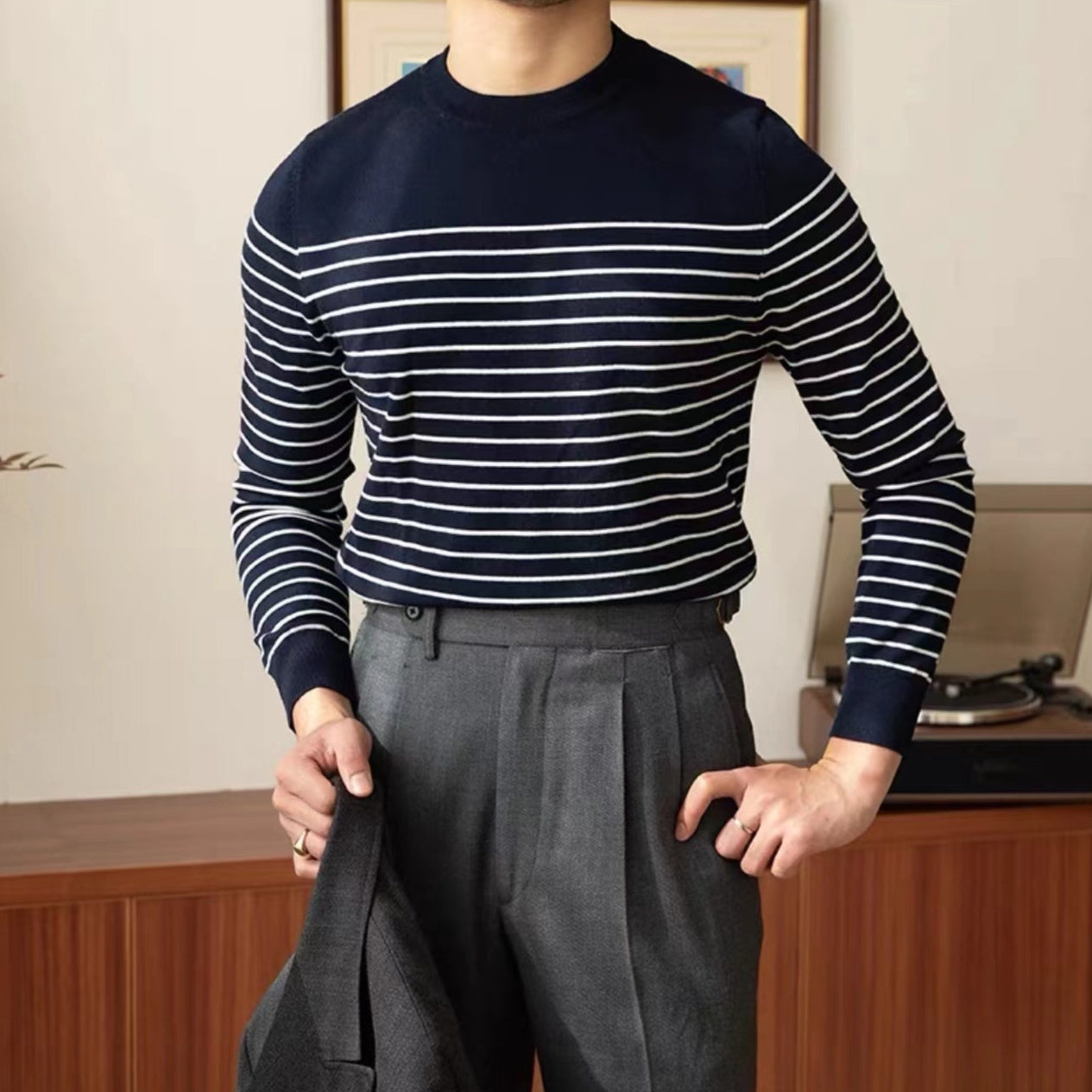 Business Commute Striped Design Contrast Color Long Sleeves Knitwear