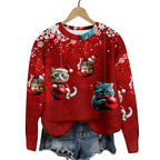 Christmas Cat Hat Snowflake Print Women's Round Neck Sweatshirt