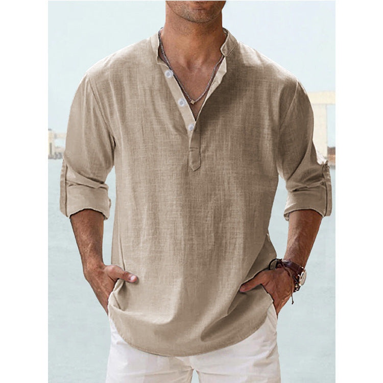 Men's Linen Stand-up Collar Long Sleeve T-shirt Loose Undershirt