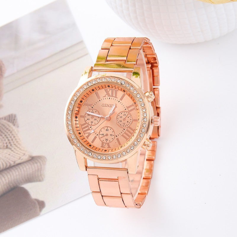 Geneva Steel Belt Gold Quartz Watch