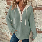 Women's Solid Color Waffle Hooded Button Loose Long Sleeve Sweatershirt