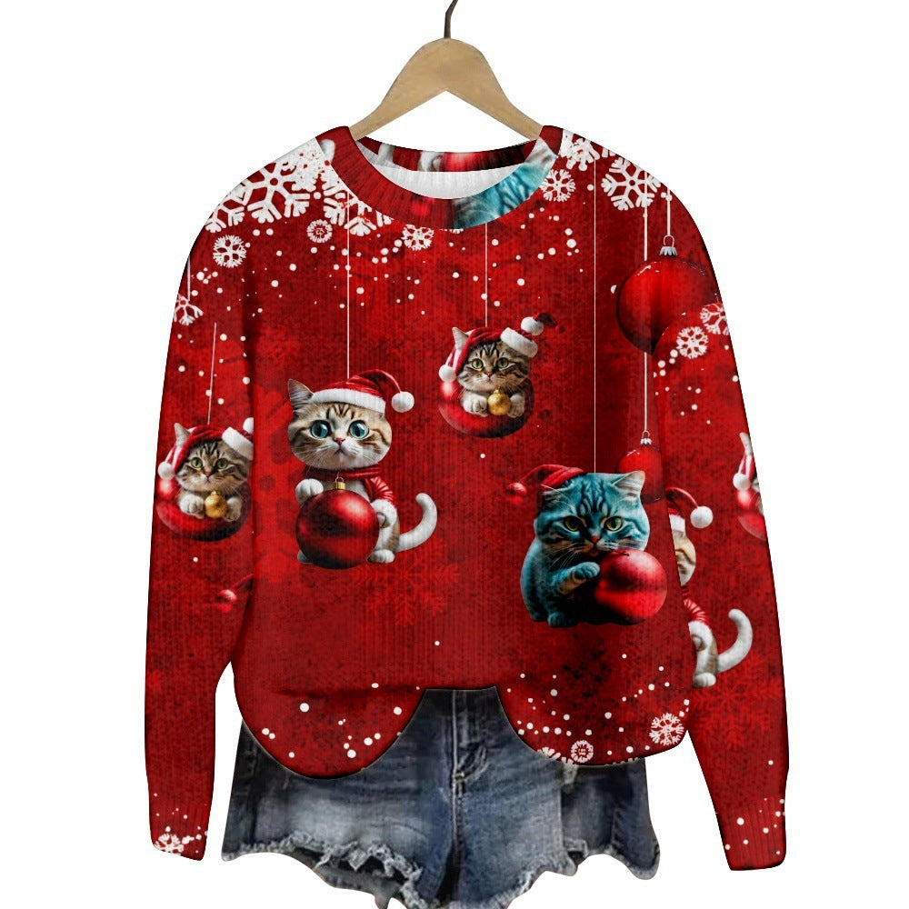 Christmas Cat Hat Snowflake Print Women's Round Neck Sweatshirt