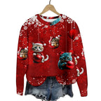 Christmas Cat Hat Snowflake Print Women's Round Neck Sweatshirt