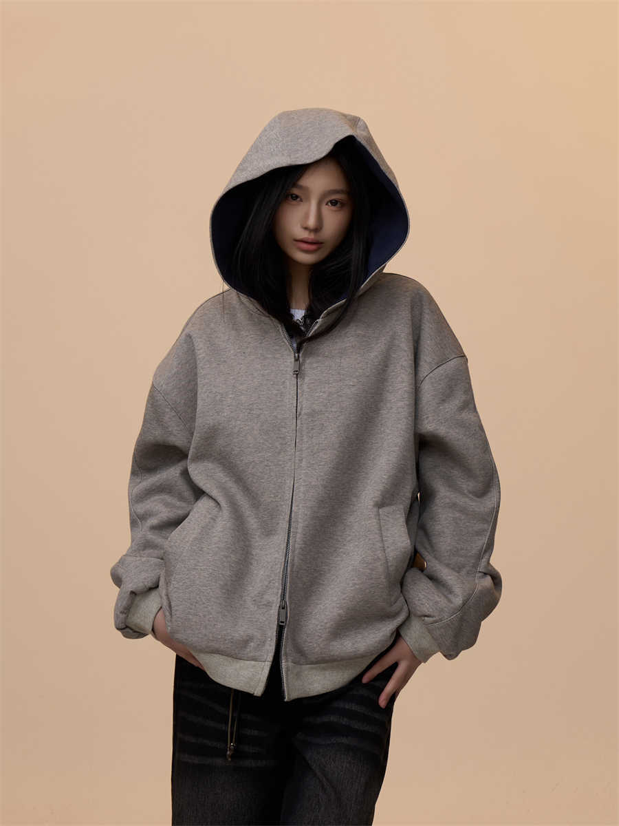 Women's Double Zipper Cardigan Sweater Loose Casual Hooded Coat