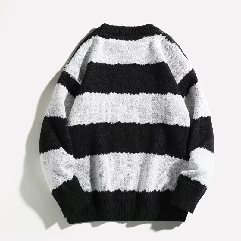 Winter Contrast Color Striped Round Neck Sweater Men