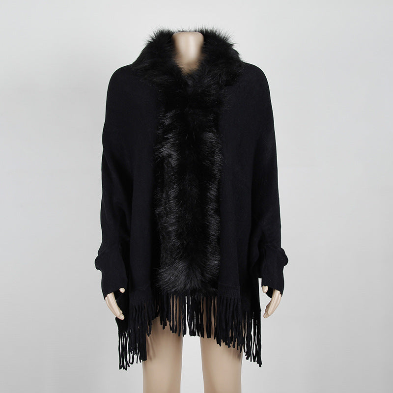 Autumn And Winter Fringed Cloak Shawl Fur Collar Solid Color Cardigan