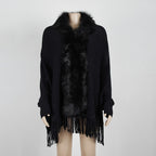 Autumn And Winter Fringed Cloak Shawl Fur Collar Solid Color Cardigan