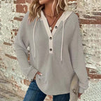 Women's Solid Color Waffle Hooded Button Loose Long Sleeve Sweatershirt