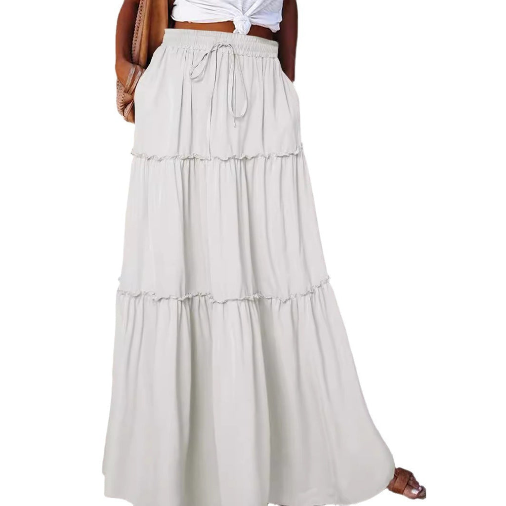 Women's Layered High Waist Elastic Lace-up Skirt With Wooden Ears