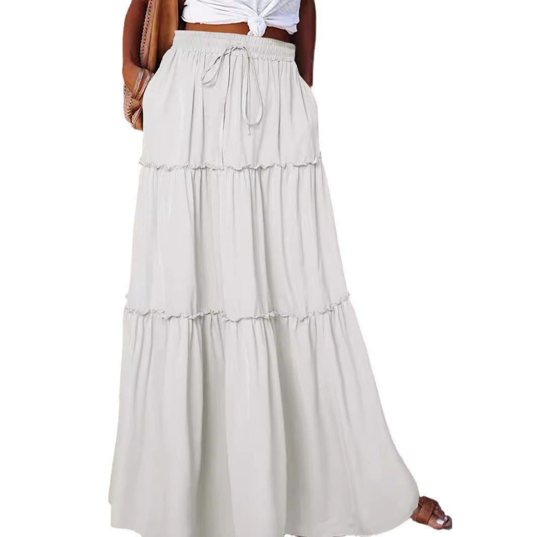 Women's Layered High Waist Elastic Lace-up Skirt With Wooden Ears