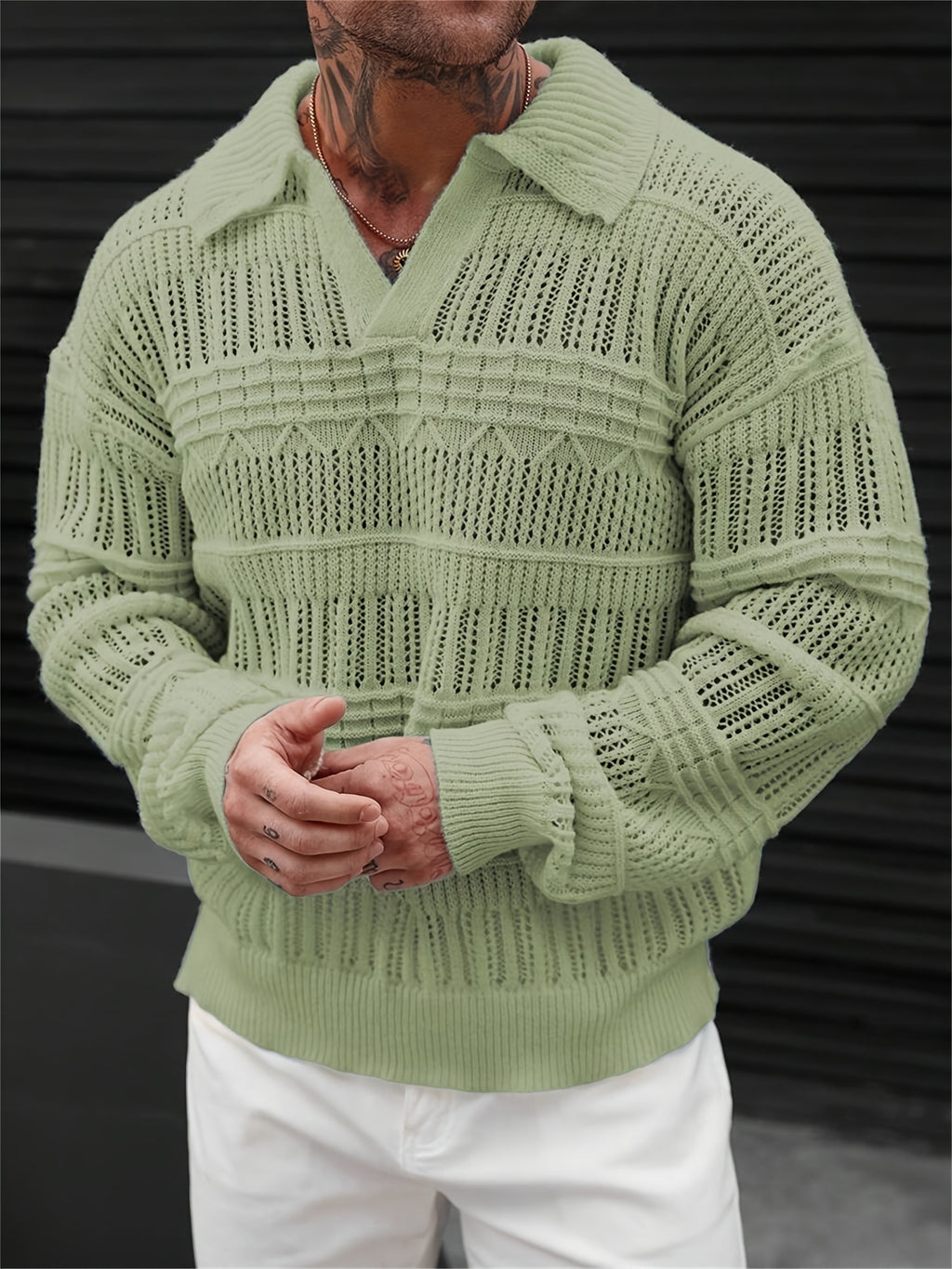 Men's Solid Color V-neck Street-like Lapel Hollow Knitwear