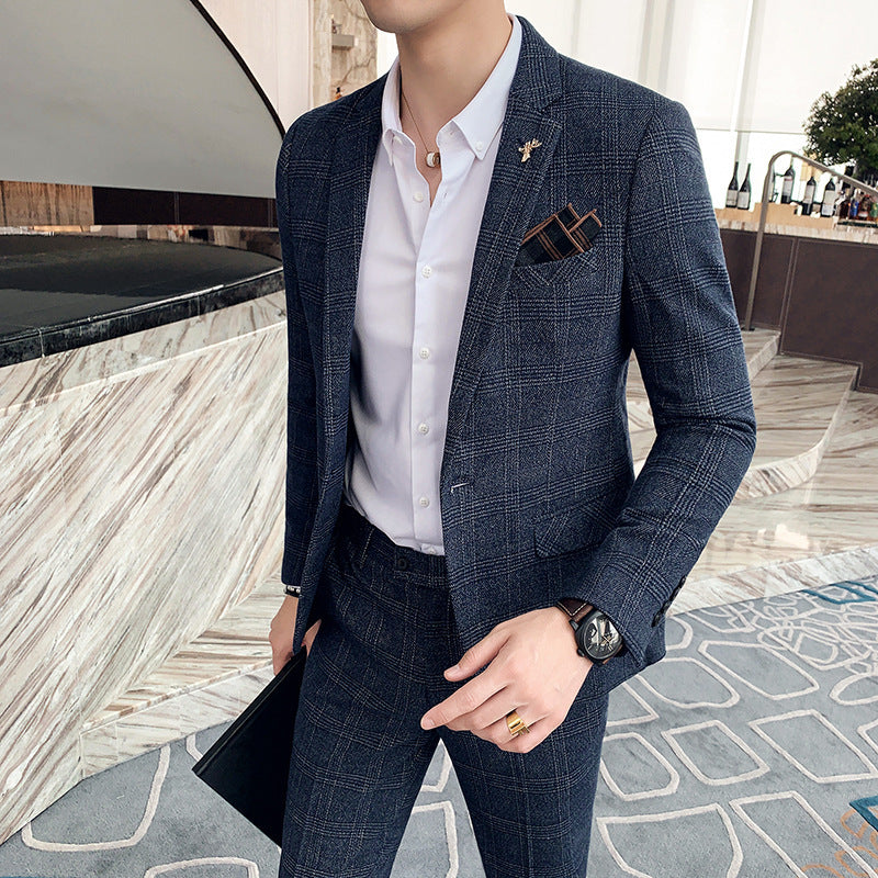 Autumn Men's Plaid Suit Business Casual Two-piece Suit