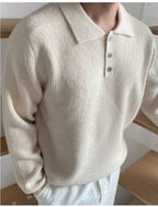 Long Sleeve Button Polo Shirt Solid Color And V-neck Business Men's Sweater
