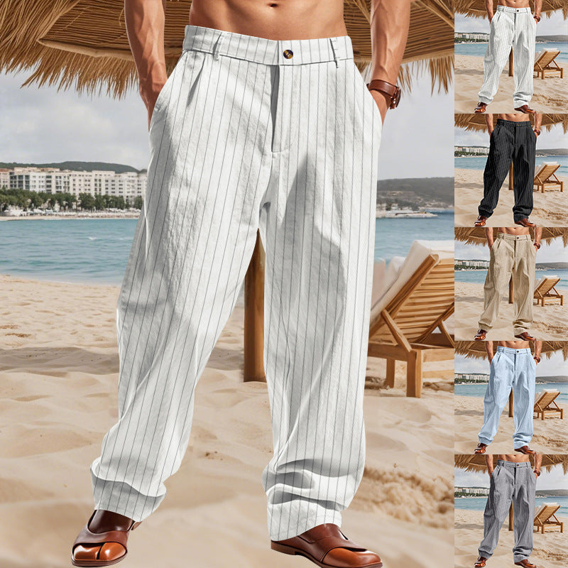 Linen Striped Suit Straight Loose Casual High Waist Wide Leg Pants