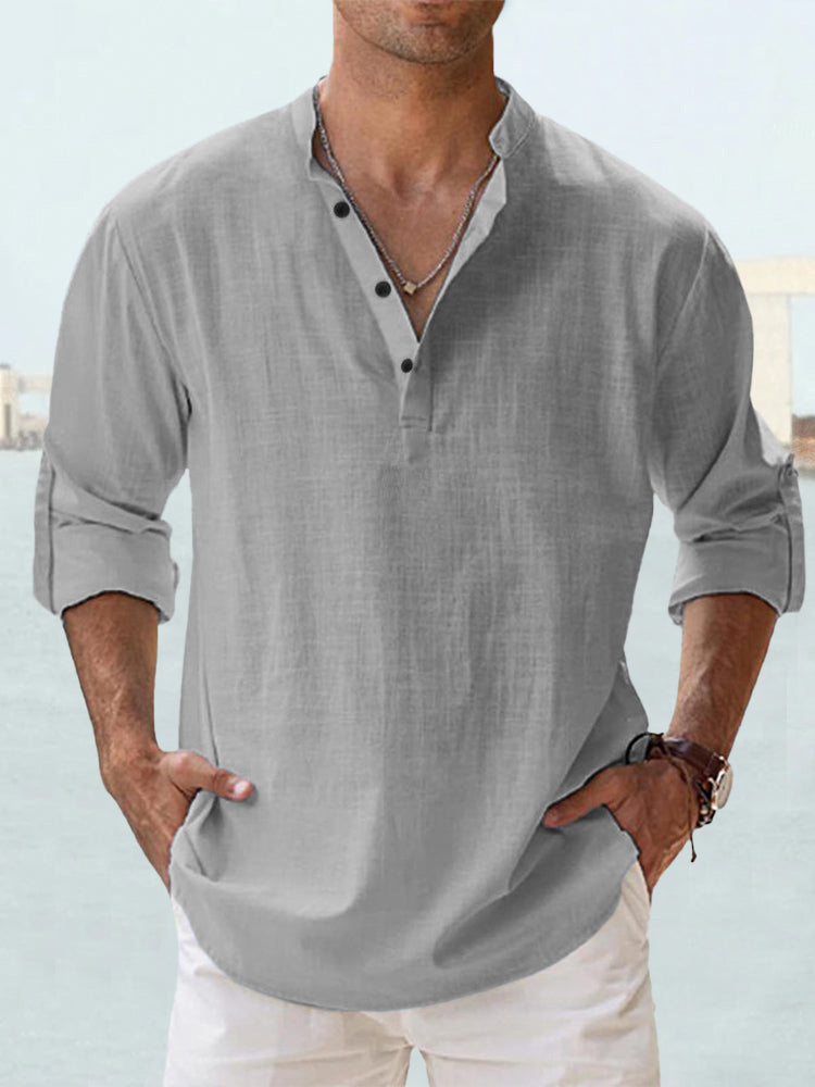 Men's Linen Stand-up Collar Long Sleeve T-shirt Loose Undershirt