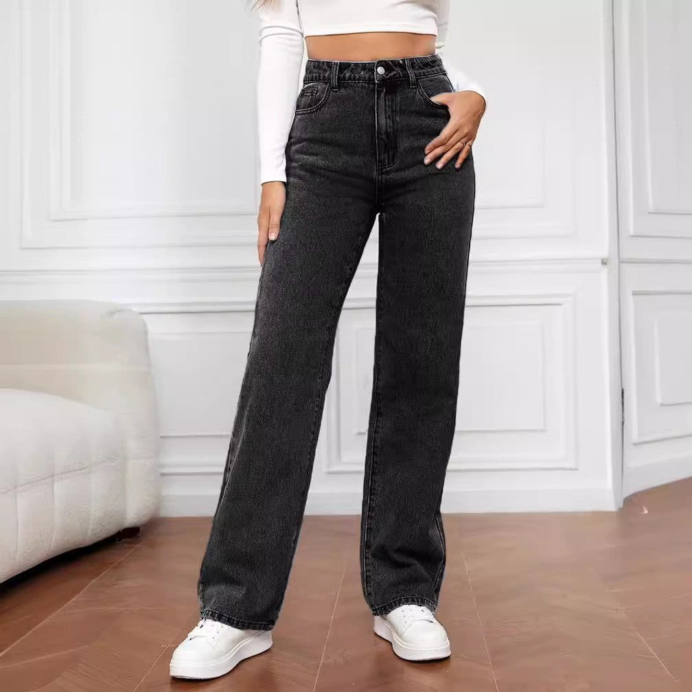 Washed Fashion Straight Jeans Women's Mid Waist