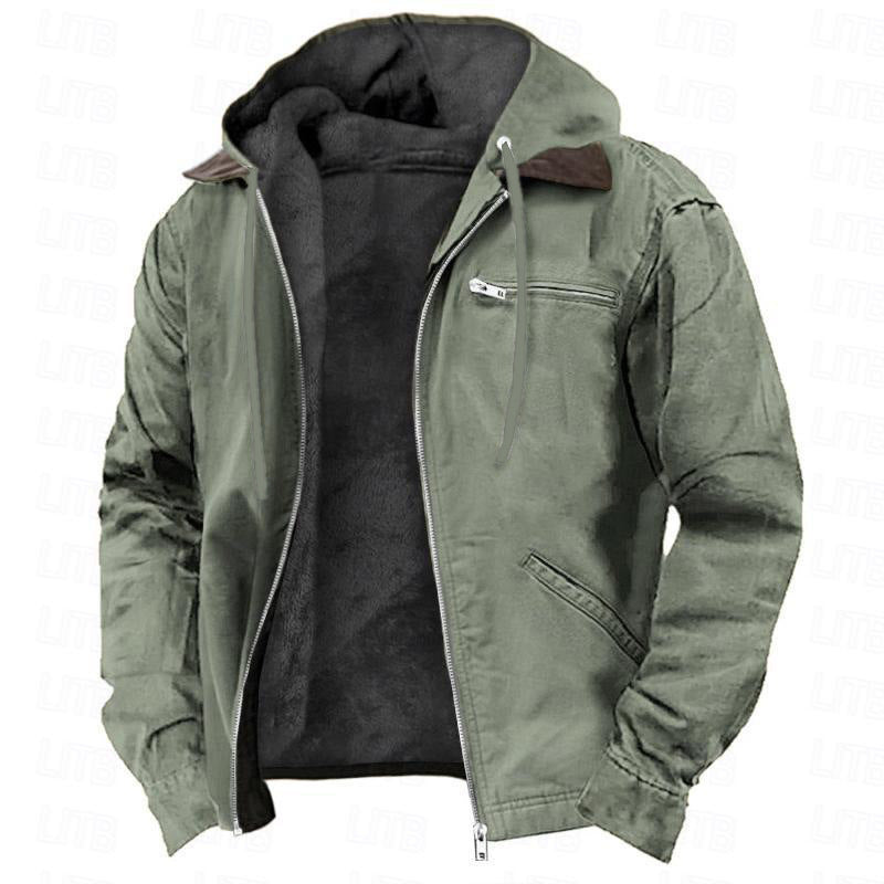 Winter Hooded Coat With Pockets Fashion Warm Fleece Zip-up Jacket Casual Outwear Men's Clothing