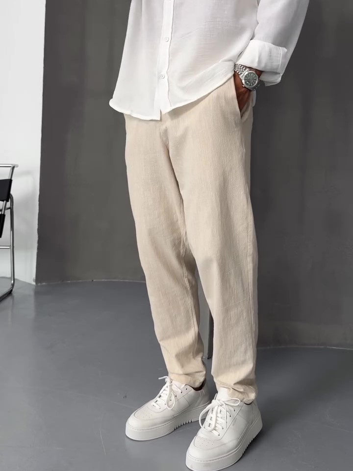 Beige Linen Straight-leg Pants